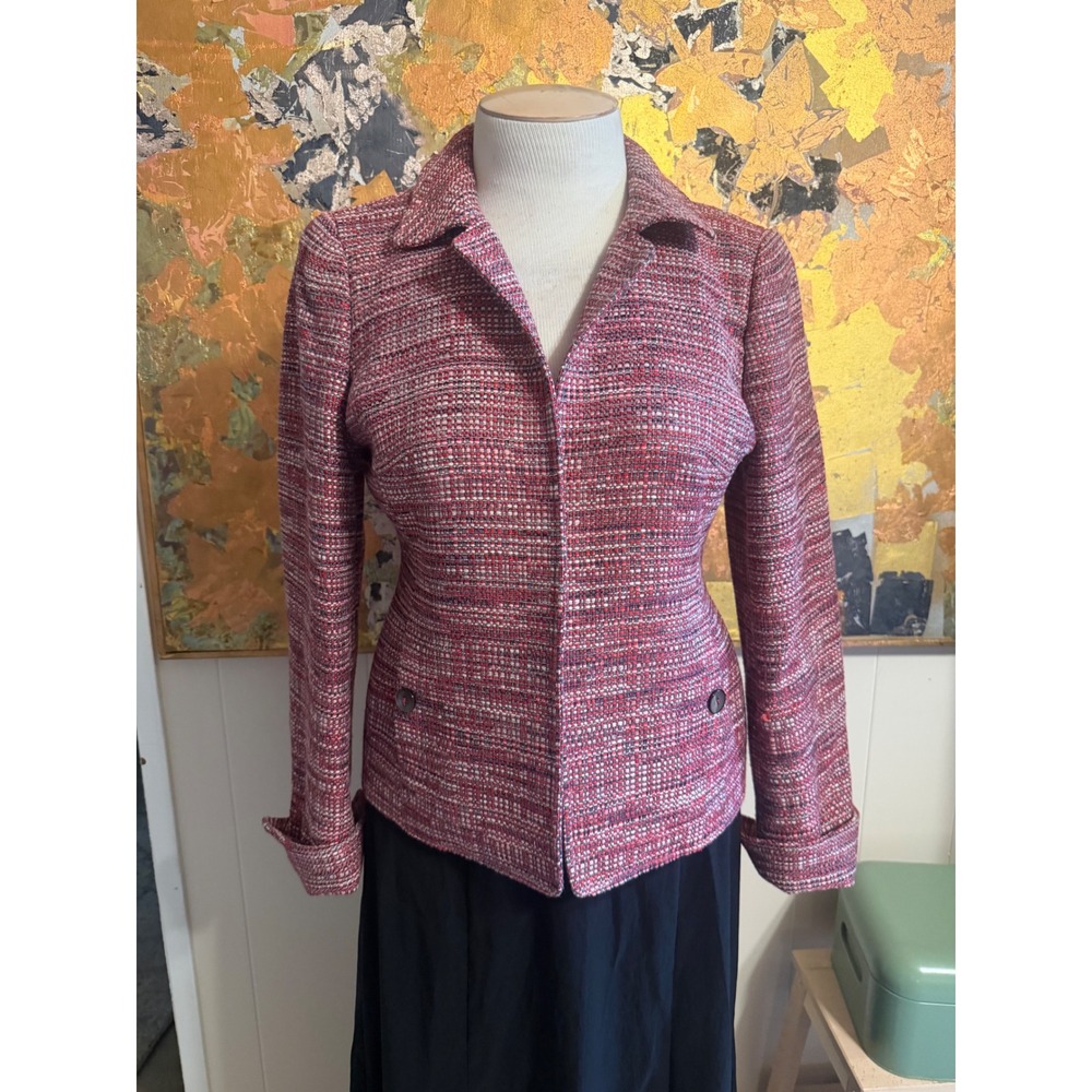 Nina McLemore Pink & Red Silk Lined Woven Cotton Blend Open Blazer Size 6